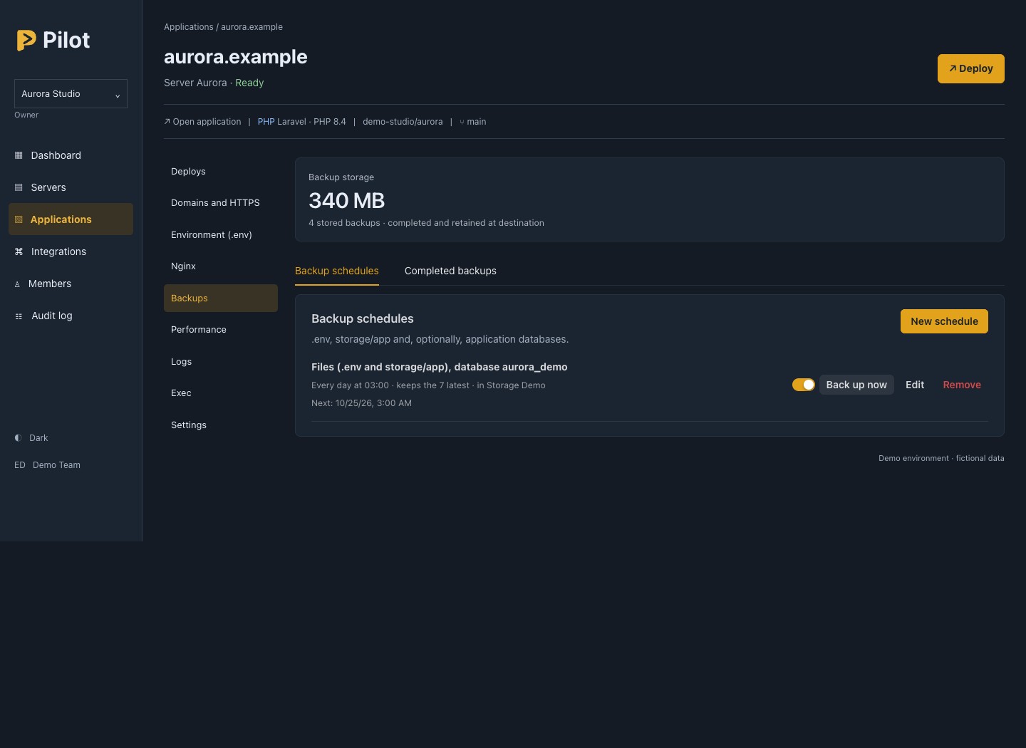 Pilot backup panel with schedules, history and storage usage.