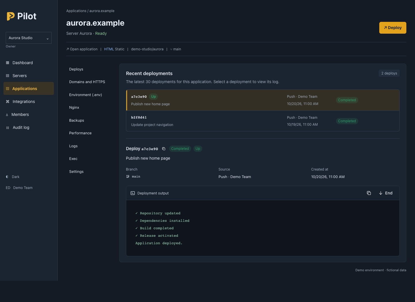 Deployment history and publishing logs for an application in Pilot.