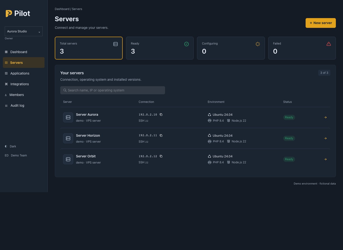 Pilot server list with connection status, operating system and installed versions.