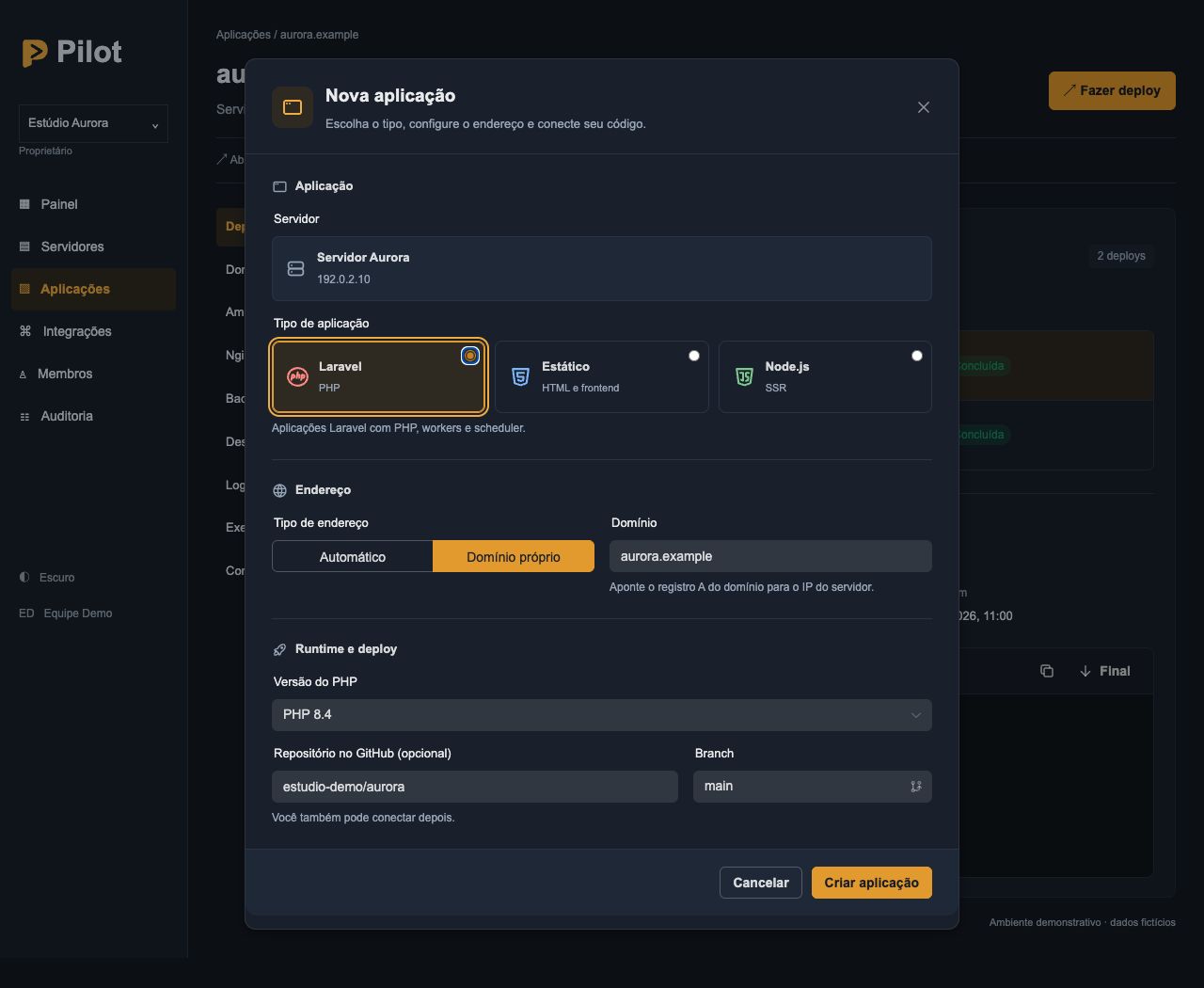 Configuração de aplicação no Pilot com servidor, domínio, repositório e branch.