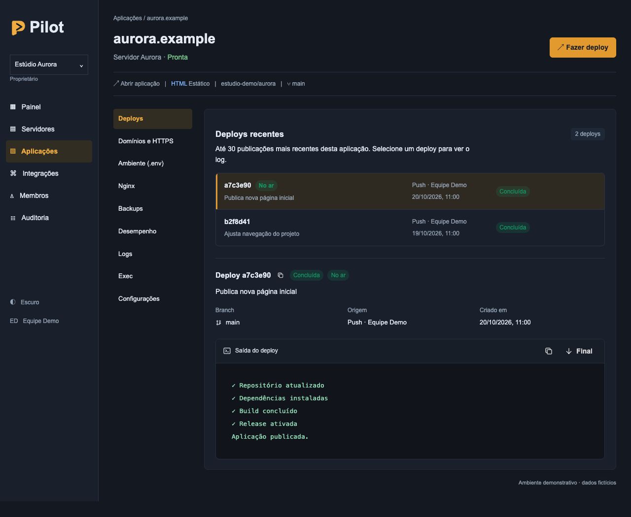 Histórico de deploys e logs de publicação de uma aplicação no Pilot.