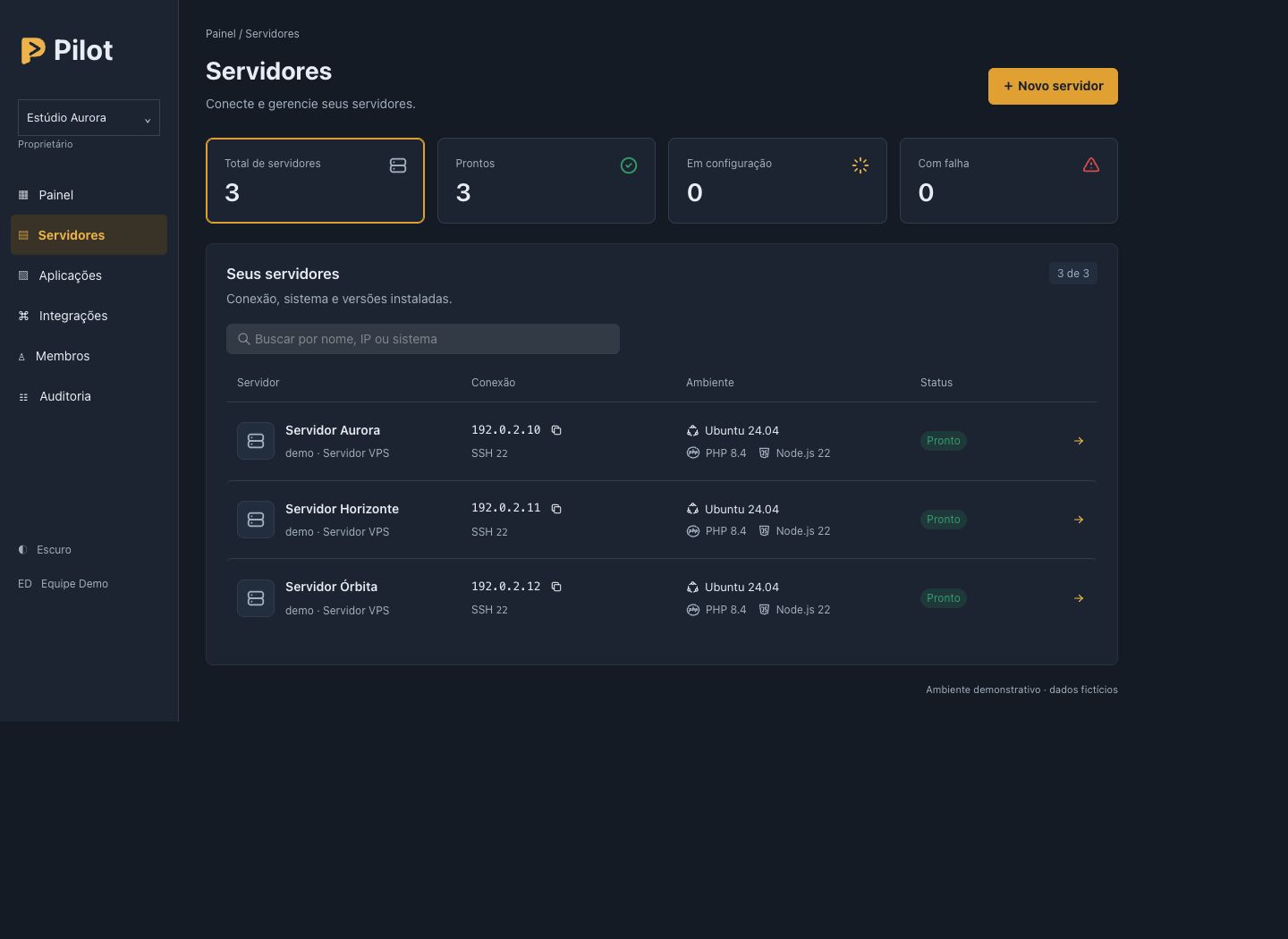 Lista de servidores do Pilot com status de conexão, sistema e versões instaladas.